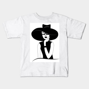 Black and white illustration of fancy lady in a hat Kids T-Shirt